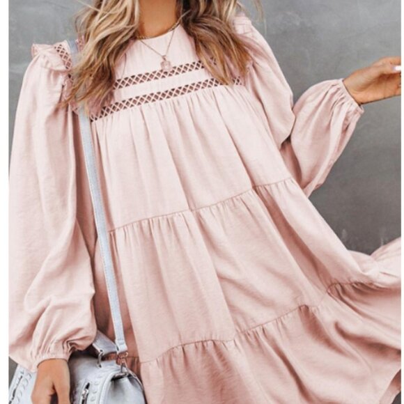 Cloudwalk Pink Ruffle Lantern Sleeve Swing Dress, Medium - Picture 4 of 7